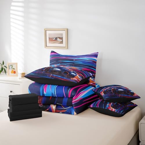 Feelyou Race Car Bedding Set 7 Piece Boys Girls Speed Sports Car King Comforter Set with Sheets for Kids Extreme Sports Bed in a Bag Trippy Automobile Colorful Bed Set Room Decor - Image 6