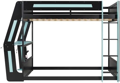 Merax Full Over Full Gaming Bunk Bed Frame with Side-Mounted Oversized Desk, USB Charging Ports & Cable Grommet & Light, Cool Design Heavy-Duty Esports Loft Bed Frame, Blue - Image 3