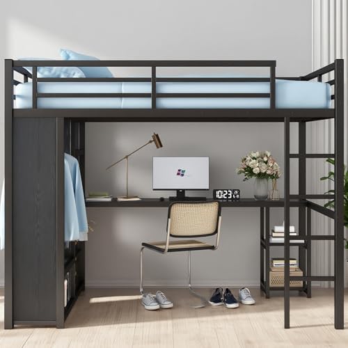 Bellemave Metal Full Size Loft Bed with Desk and Wardrobe,Heavy Duty Loft Bed Frame with Storage Shelves for Kids,Teens,Adults, Space Saving,Black - Image 3