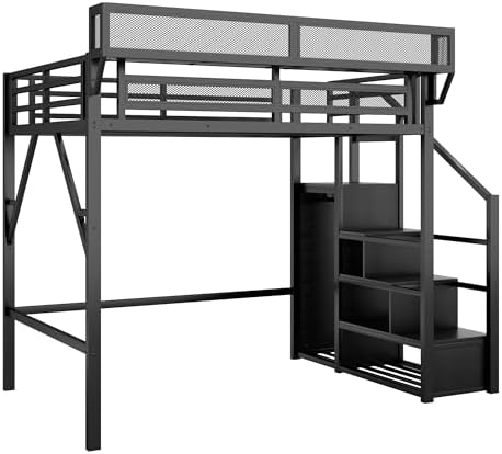 KEIKI Full Size Metal Loft Bed Frame with Convertible Staircase, Built-in Storage Shelves and Wardrobe, Loft Bed with Solid Slats, Guardrail, No Box Spring Required, Easy Assembly, for Bedroom, Black - Image 5
