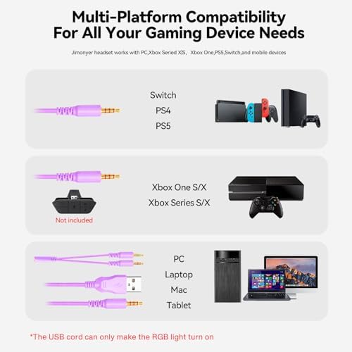 Jimonyer Gaming Headset for PS5 PS4 PC Xbox Series X|S Switch, 7.1 Stereo Surround Sound Over Ear Headphones with Noise Canceling Mic, RGB LED Light, Soft Memory Earmuffs for Gaming or Work, Purple - Image 7