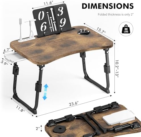 Lap Desk for Bed Adjustable Height, Foldable Bed Table with Storage Drawer, Tablet Slot & Cup Holder, Portable Laptop Stand for Bed & Sofa, Bed Desk for Adults & Kids, Carbonized - Image 3