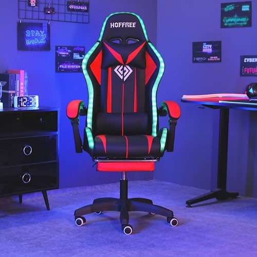 HOFFREE RGB Gaming Chair with Speakers Massage LED Lights Game Chair-Red | Bluetooth Computer Gaming Chair with Footrest Video Game Chair for Adults Ergonomic High Back Gamer Chair with Lumbar Support - Image 4