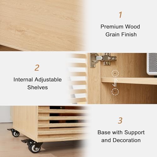 LEVNARY 5-Tier AV Media Cabinet with Grille Door & Adjustable Shelves, Modern Wooden Stereo Rack with Cable Management & Wheels, Audio Video Stand for Living Gaming Room Recording Studio (Natural) - Image 5