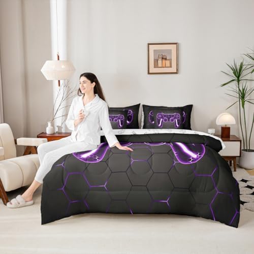 Feelyou Gamer Comforter Set with Sheets for Kids Boys Teens Game Controller Bed in a Bag Gaming Gifts 7 Piece Bedding Set Full Size for All Season,Purple Bed Set - Image 6