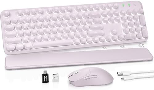 Wireless Keyboard and Mouse Combo, Backlit Round Keycaps, Retro Typewriter Keyboard with Magnetic Wrist Rest, USB-C Rechargeable & Tilt Legs, 2.4GHz Cordless for Mac Windows PC (Glowing Pastel Purple) by SABLUTE