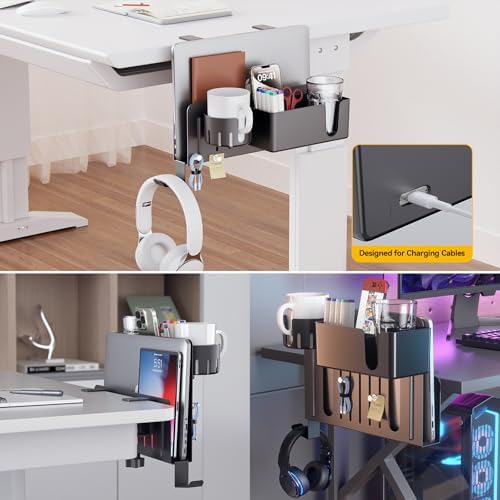 KDD 7 in 1 Desk Side Organizer Set, Under Desk Laptop Holder Storage, No Drill Laptop Stand Mount with 2 Cup Holder, Pen Holder, Headphone Hanger and 2 Pin Magnet, Detachable Hanging Stand - Image 5