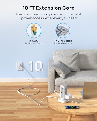 TROND Space-Saving Surge Protector Power Strip Tower, Extension Cord 10 ft - Image 5