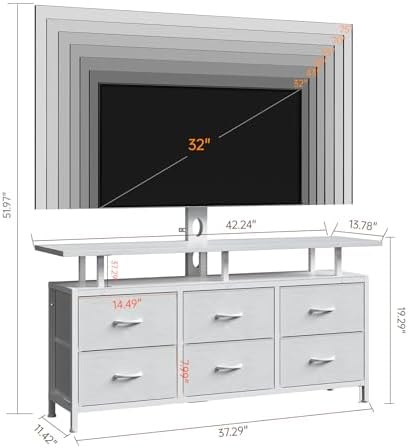 White TV Stand with Mount for 32/45/55/60/65/75 inch TVs, Entertainment Center with 6 Fabric Drawers & Open Shelf, TV Media Console for Living Room, Bedroom - Image 2