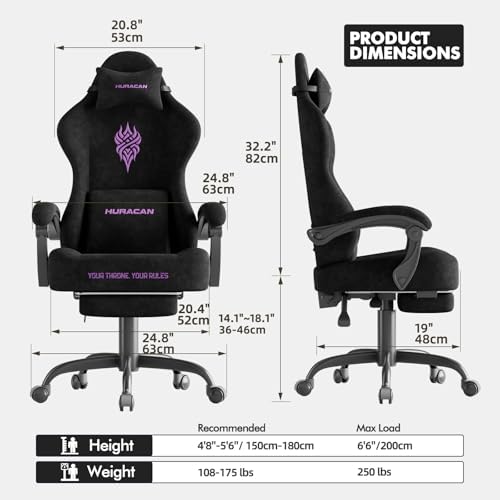 Ferghana Velvet Fabric Gaming Chair - 20.5″ Wider Seat Cushion, Fire Embroidery, Ergonomic High Back Game Chair with Footrest | Computer Chair with Massage Lumbar Support for Adult, Black - Image 3