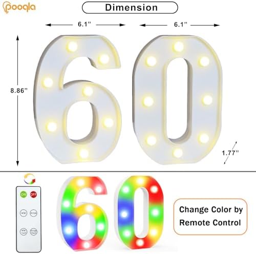 Pooqla 60th Birthday Decoration for Her Him, Decorative LED Light Up Numbers, Marquee Numbers 60 Sign for Party Backdrop 60th Wedding Anniversary Decor Gift, Warm White and Colorful Number 60 - Image 3
