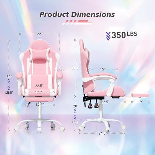 Magshion Video Gaming Computer Chair with Footrest, Pink/White | Ergonomic, Lumbar Support, Adjustable Height, Racing Style, High Back Recliner, Comfy Leather, Swivel Seat, for Home Office - Image 3
