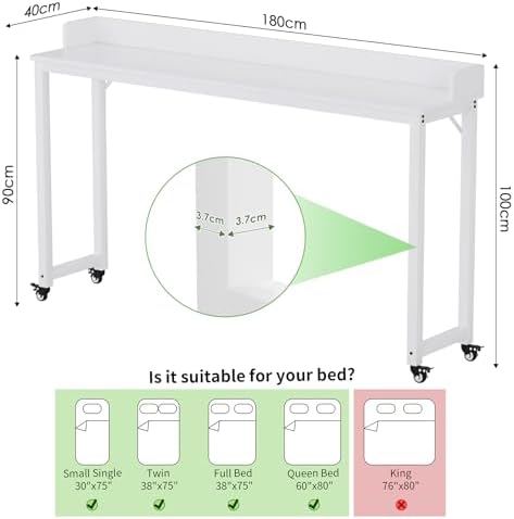 Arlopu Overbed Table with 360° Wheels, Queen Size Mobile Bed Desk, White - Image 2
