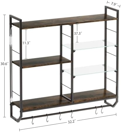 EYCOAL Gaming Floating Shelves, Wall Mounted Wooden Decor Display Shelf with 34" LED Lights and Adjustable Glass Bar Wine Shelf, Extra Hanging Hooks Storage for Gaming Room and Living Room - Image 2