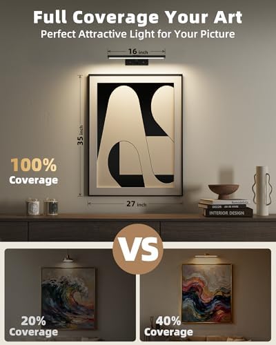 EZVALO Picture Light for Wall, 4800mAh 16'' Rechargeable Wireless IR Remote Built in Battery Lights for Painting, Dimmable Magnetic LED Art Display Light, Colors Temperatures, for Gallery, Living Room - Image 2