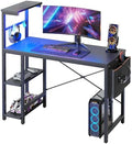 Bestier Gaming Desk with LED Lights, 44 Inch PC Gamer Desk for Small Spaces, Computer Desk with Reversible Storage Shelves & Side Storage Bag (Black Grained) by Bestier