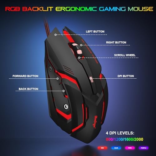 BlueFinger RGB Gaming Keyboard and Backlit Mouse and Headset Combo, USB Wired Backlit Keyboard, LED Gaming Mouse Set, Headset with Microphone for Laptop PC Computer Game and Work - Image 4