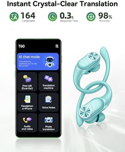 PocBuds Bluetooth Headphones Wireless Earbuds 80hrs Playtime Wireless Charging Case Digital Display Sport Ear buds with Earhook Deep Bass IPX7 Waterproof Over-Ear Earphones for Phone Laptop Mint Green - Image 4