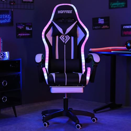 HOFFREE RGB Gaming Chair with Speakers Massage LED Lights Game Chair-White | Bluetooth Computer Gaming Chair with Footrest Video Game Chair for Adults Ergonomic High Back Gamer Chair with Lumbar Support - Image 4