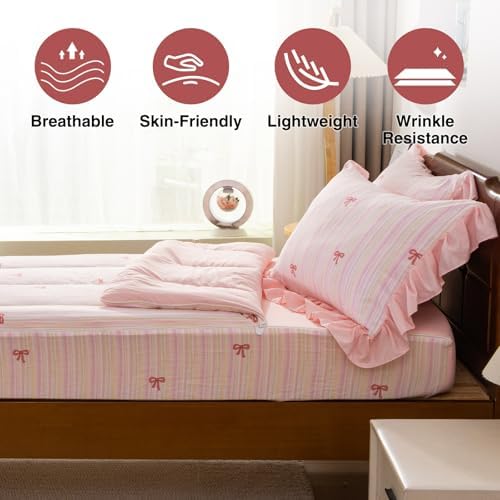 A Nice Night Zipper Bedding Pink Bow Printed on Colorful Rainbow Background Zippered Kids Comforter Set,Seersucker Chic Style Ultra Soft,Twin - Image 3
