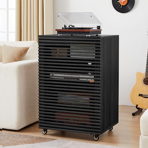 LEVNARY 5-Tier AV Media Cabinet with Grille Door, Modern Wooden Stereo Rack with Adjustable Shelves & Wheels, Audio Video Cabinet for Living Gaming Room Recording Studio (Black) by LEVNARY