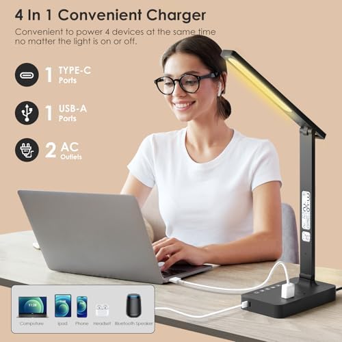 LED Desk Lamp with Power Strip: Table Lamp with Charging Station - 2 Outlets 1 USB-A Ports 1 Type-C Ports, Surge Protection and Led Display, 5ft Extension Cord, 5 Color Modes 5 Brightness - Image 2