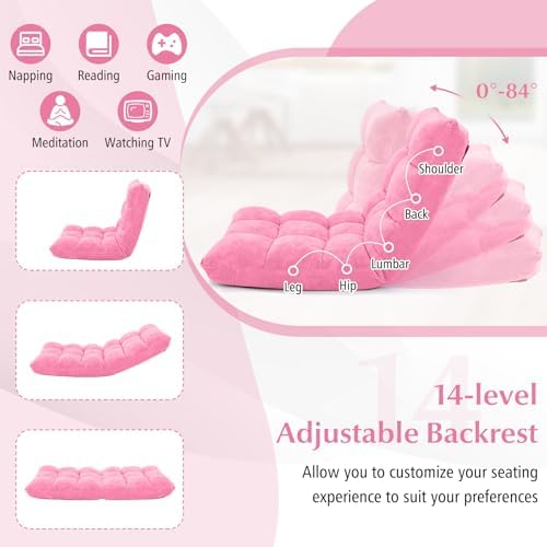 14-Position Lazy Sofa Chair with Soft Coral Fleece, Folding Gaming Chair, Couch Recliner, Floor Seat for Reading, Meditating, Yoga, Gaming (Pink) - Image 4