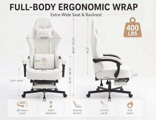 Office Desk Computer Gaming Chair for Adults, Ergonomic High Back Gamer Chair with Massage and Pocket Spring Cushion, Swivel Comfy Video Game Chairs with Footrest and Lumbar Supporrt (Pro White) - Image 2