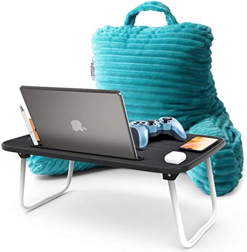 Nestl Teal Reading Pillow with Bed Desk for Laptop and Writing, Luxe Cut Plush Back Pillow for Sitting Up, Back and Arms Adjustable Support for Kids and Teens, Foldable Lap Desk for Bed 19x11” by Nestl