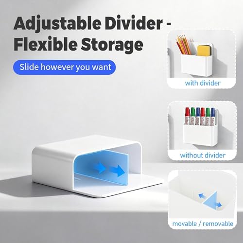 2 Pack Magnetic Pen Holder for Refrigerator & Whiteboard, Full-Back Magnet Dry Erase Marker Holder with Adjustable Divider, Magnetic Marker Holder for White Board Office Desk Locker Accessories, White - Image 4