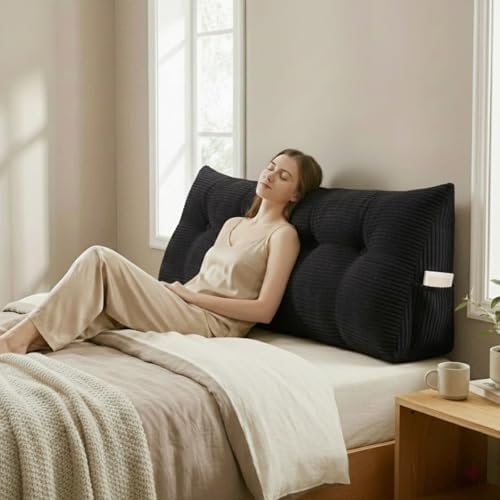 Wedge Reading Pillow Headboard Queen Size, Headboard Bolster Pillow for Bed, Triangular Backrest Cushion with Removable Corduroy Cover, Black by DVUAY