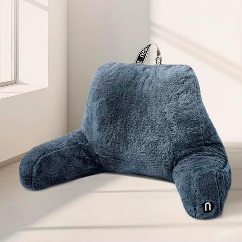 Nestl Fur Reading Pillow, Stylish Back Pillow for Bed Sitting Up, Faux Fur Bed Chair Pillow with Arms, Reading Pillows for Sitting in Bed Adult & Kids, Sit Up Back Support Pillow for Bed Rest - Blue by Nestl