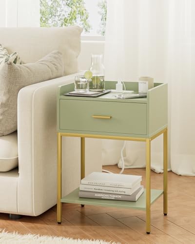 Masupu Nightstand with Charging Station,3-Tier Modern Bedside Night Stand with Storage Drawer and Shelf,Small End Side Table for Bedroom,Living Room,Gold and Green - Image 4