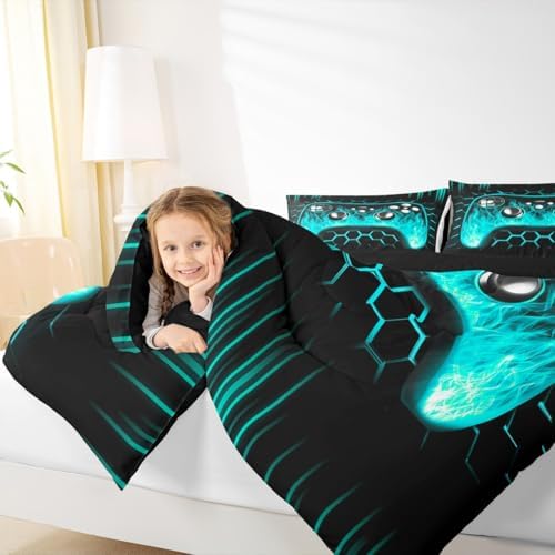 Erosebridal Honeycomb Gaming Kids Comforter Sets Boys Teal Neon Lights Game Consoles Queen Bedding Sets Ombre Art Geometry Hexagon Beehive Quilt Set Gamer Room Decor for Boys - Image 4