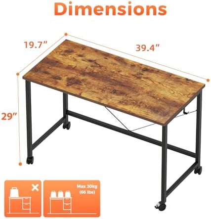 Mericonia 39x20 Inch Computer Desk with Wheels, Small Simple Rolling Desk - Image 2