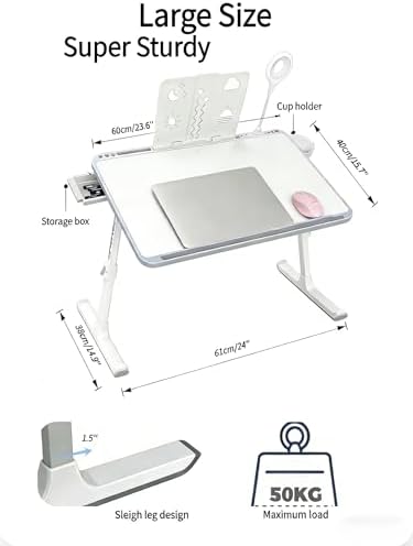 Foldable and Adjustable Laptop Bed Table with Hidden Drawer, Cup Holder, USB Voice-Controlled Night Light, White 23.6"x15.7", Suitable for Working, Gaming, and Other uses on Bed and Sofa - Image 2