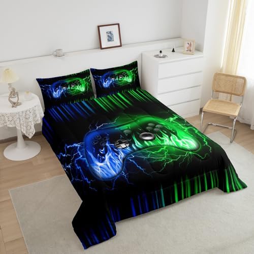 Feelyou Gamer Comforter Set for Kids Boys,3D Video Gaming Bedding Set Full Size,Kids Teens Game Bedroom Room Decor,Blue Green Game Contoller Comforter,Geometric Fire Gaming Bed Set for Game Lovers - Image 3