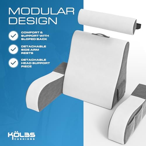 Kölbs Wedge Reading Cushion, Back Pillow for Bed Sitting Up, Cushion with Arms for TV Book Gaming Dorm Rooms, Backrest (Grey/White, Standard) - Image 2