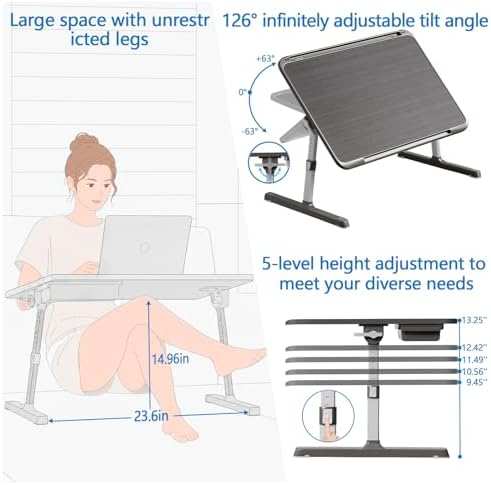 Potuopy Adjustable Lap Desk,Large Smooth Easy-Clean Wood Grain Desktop,Foldable Laptop Bed Tray Table with Storage Drawer,Portable Laptop Stand Fits 17" Laptop for Bed Couch Floor (Light Striped) - Image 3