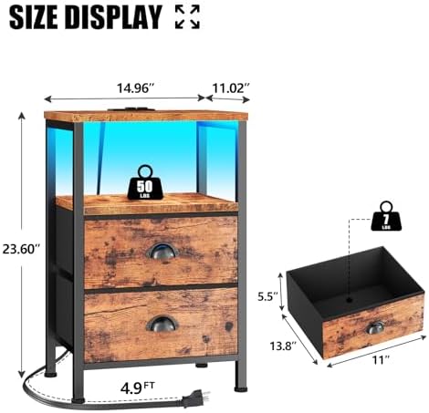 Night Stand Set 2 with Charging Station, LED Light, 2 Drawers, Rustic Brown - Image 3
