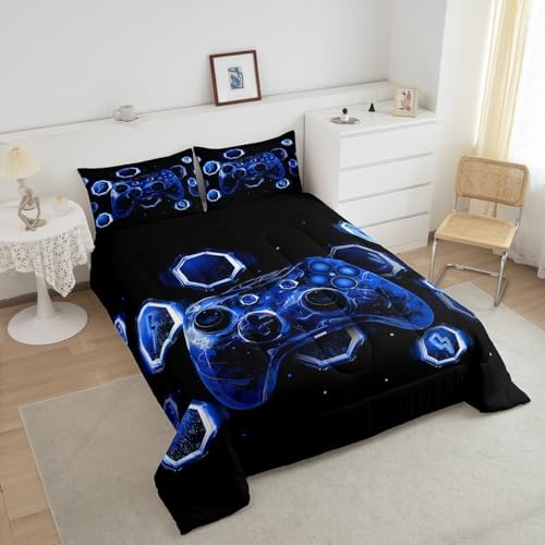Feelyou Kids Blue Gamer Comforter Set Full Size, Game Console Comforter Space Universe Gaming Bedding Set Boys Girls Gamepad Teens Duvet Set Bedroom Decor Bed Set 3Pcs - Image 4