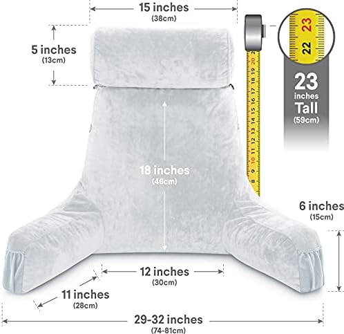 Husband Pillow Medium Reading Pillow with Arms - 23" Backrest for Sitting Up in Bed - Firm Support Bed Rest Pillow for Adults, Neck Roll, Removable Cover - TV, Reading, Lounging - Light Grey - Image 4