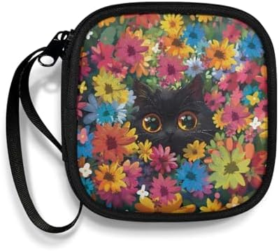 Lightweight Headphone Storage Bag, Colorful Flower Black Cat Portable Headset Carrying Pouch Headphone Case Bag Soft Travel Pouch for Ear Headphones Headphone Holder by Unknown