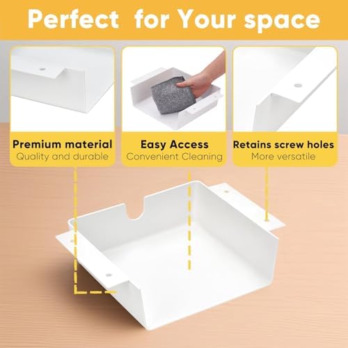 2 Pack Under Desk Hanging Shelf Drawer Organizer, Attachable Plastic Hidden Storage Tray, Easy Adhesive Mount Holder for Standing Tables, Office, Counters, Cabinets, Workstations - White - Image 4