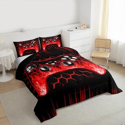 Erosebridal Ombre Art Honeycomb Game Consoles Comforter Set Red Neon Lights Gaming King Bedding Set Geometric Hexagon Beehive Duvet Set Gamer Room Decor for Boys - Image 2