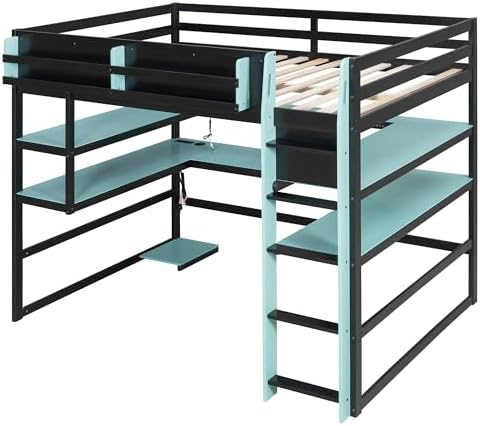 DNYN Gaming Loft Bed with Built-in Desk and Storage Shelves for Teens/Adults Bedroom, Space-Saving Full Size Wooden Bed Frame with LED & Side Race, No Box Spring Needed - Image 5