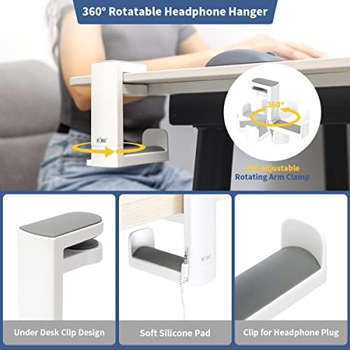KIWIFOTOS Headphone Stand Holder Under Desk, PC Gaming Headset Hook Hanger Mount with 360 Adjustable Rotating Arm Clamp & Built in Cable Clip - White - Image 3