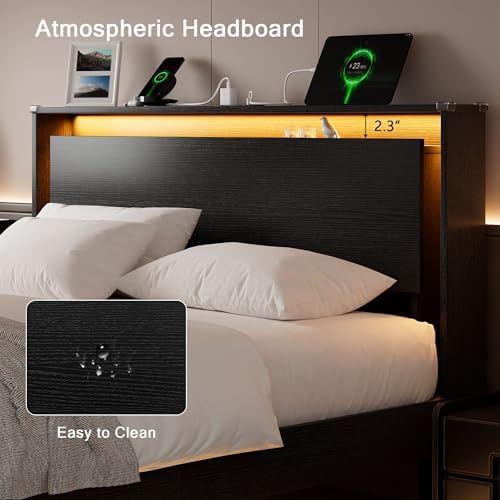 Einhomn Full Size Bed Frame with LED Lights & Charging Station – Kids Wood Floating Bed Frame with Storage Headboard, Adhesive Slats, Kick-Free & Noise-Free Design, Easy Assembly, Black - Image 6