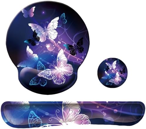 Keyboard Wrist Rest Pad Mouse Pad with Wrist Support Set of 3, Mousepad with Non-Slip Rubber Base, Ergonomic Memory Foam Mouse Wrist Cushion Support for Home Office Laptop Computer Gaming, Butterfly by LIZPARE