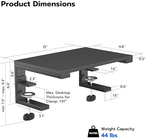 ARES WING Clamp-On Desk Extender Monitor Shelf, 15x9.8 up to 44lbs - Image 2